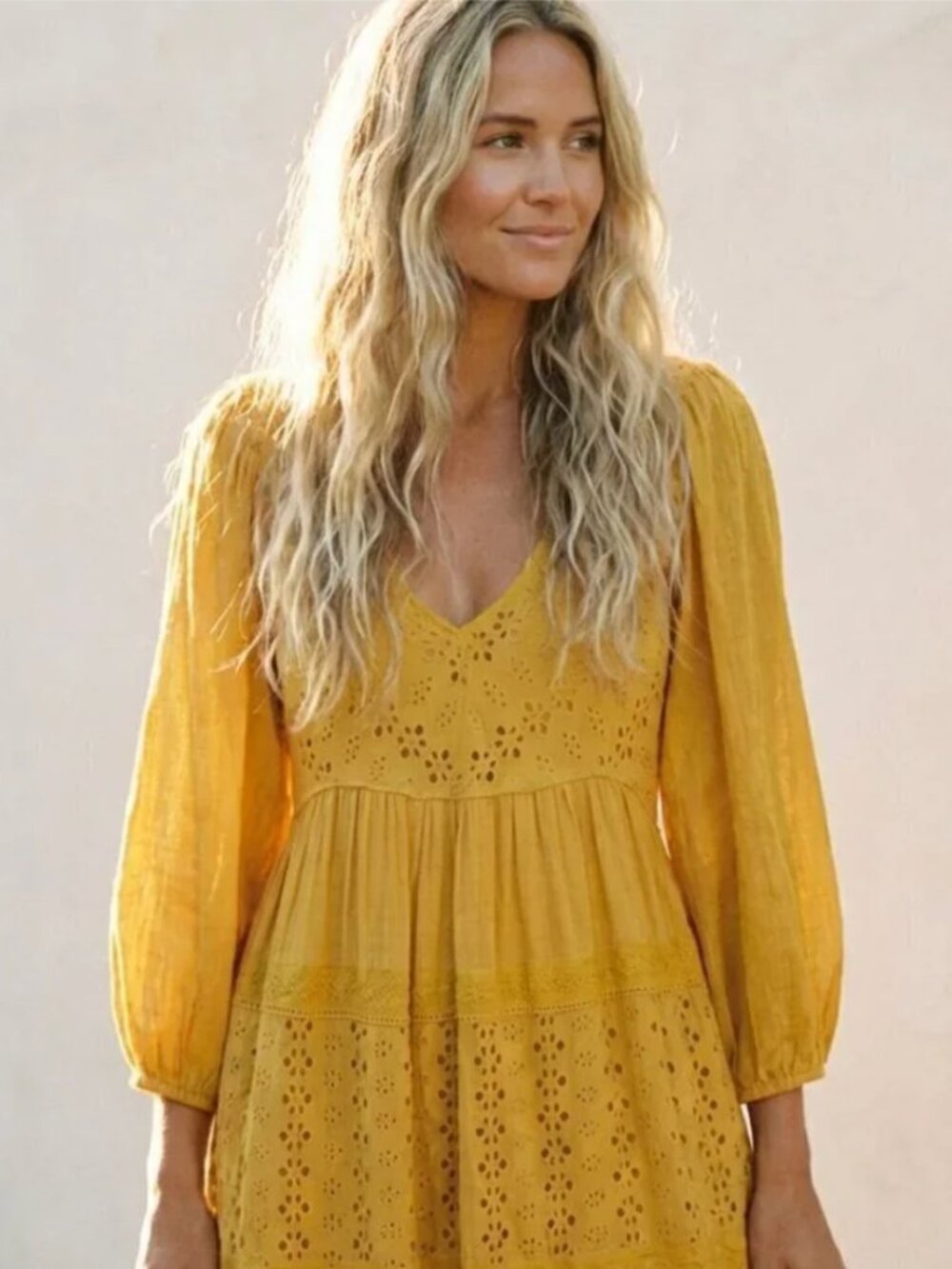 Free People Mustard Yellow Eyelet Bohemian Mockingbird Maxi Dress Small